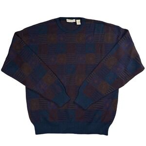 Vintage‎ 90s Preswick Moore Geometric Checkerboard Wool Blend Sweater Mens L